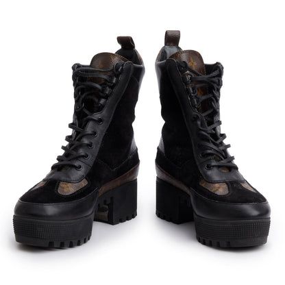 Louis Vuitton 2021 Black Leather/Suede Monogram Trim Laurette Platform Desert Ankle Boots, Size 38