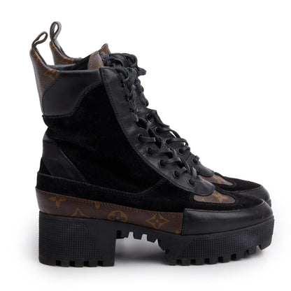 Louis Vuitton 2021 Black Leather/Suede Monogram Trim Laurette Platform Desert Ankle Boots, Size 38