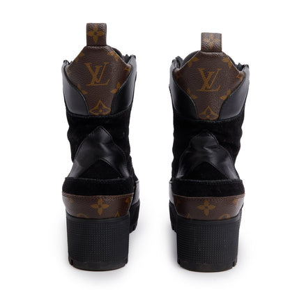 Louis Vuitton 2021 Black Leather/Suede Monogram Trim Laurette Platform Desert Ankle Boots, Size 38