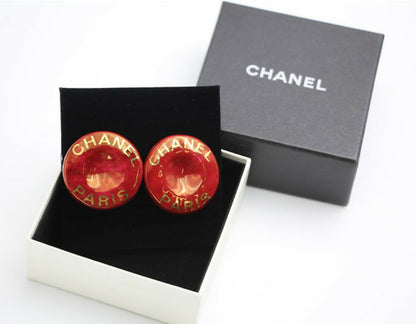 Chanel Vintage 97P Resin Big Red ‘CHANEL’ Round Gold-plated Clip-on Earrings
