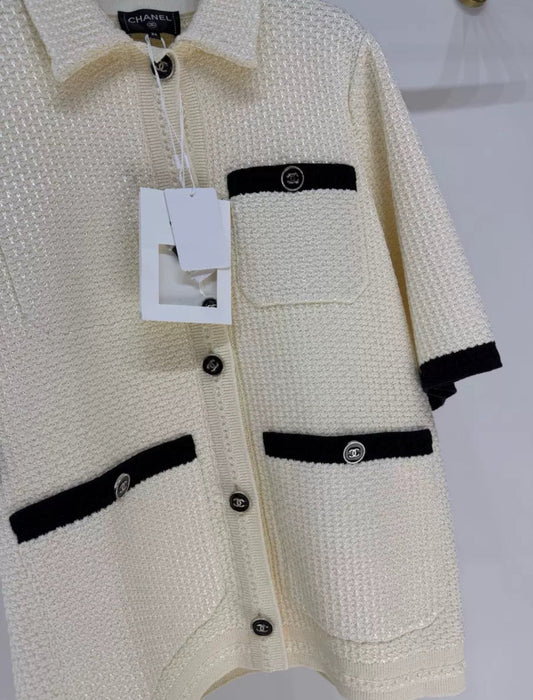 Chanel 24P polo écru & black cardigan