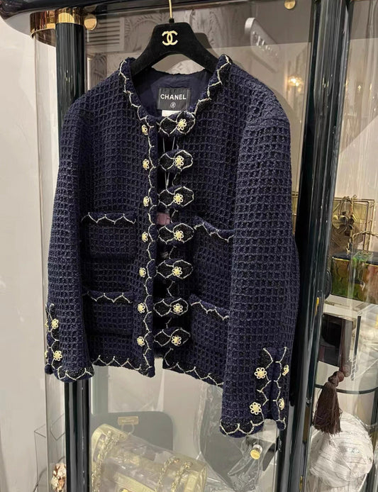 CHANEL 15A METIERS D'ART SALZBURG NAVY BLUE TWEED JACKET size 44 brand new with tags