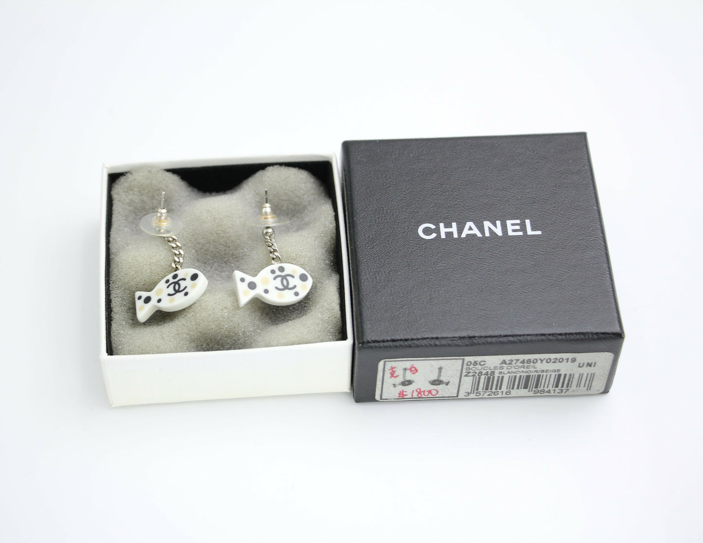 Chanel Vintage 05C Resin Black and White Fishes Stud Earrings