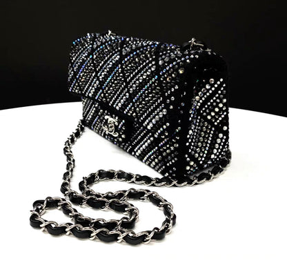 CHANEL 22A tweed, diamantés & silver metal black classic handbag