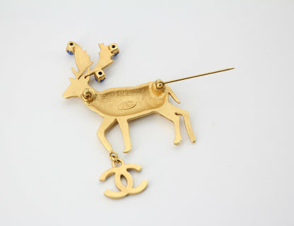Chanel Vintage 01A Rhinestone Blue Golden Green Reindeer Brooch