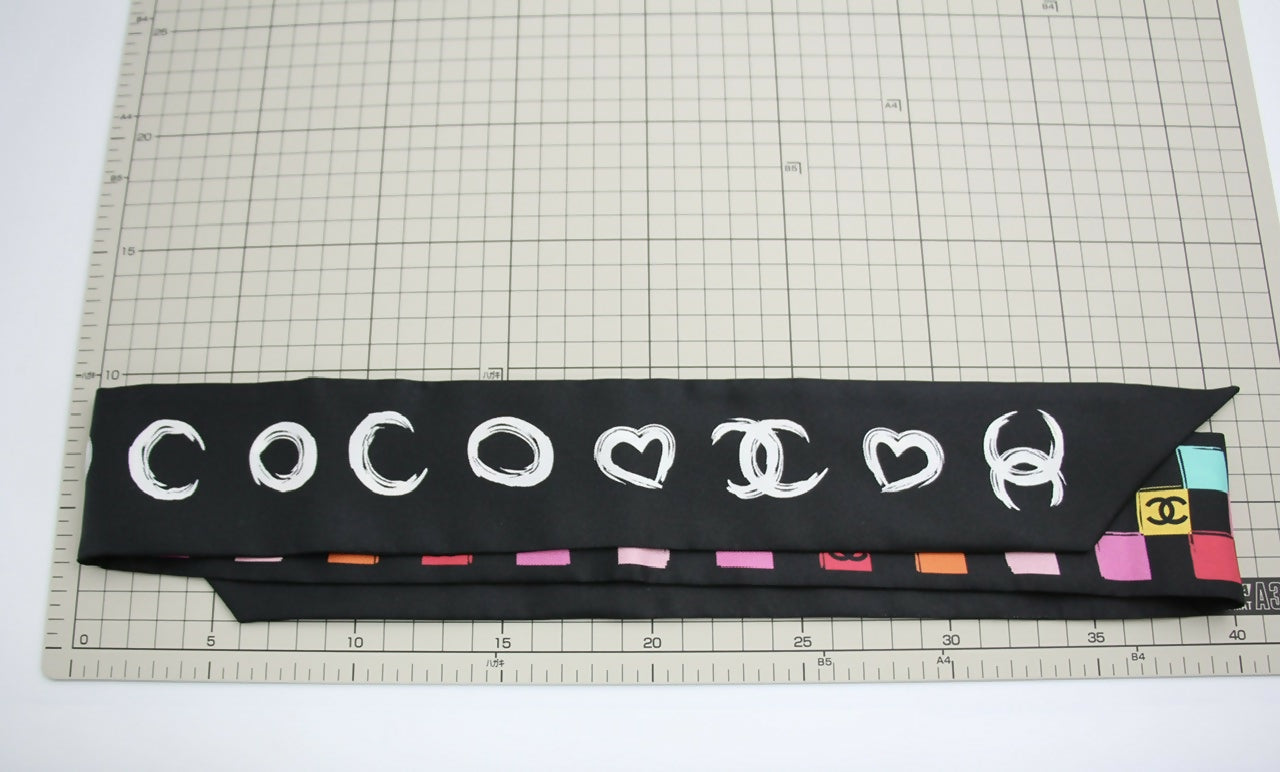 CHANEL 100% Silk Twilly Checkered Pattern CC Logo Scarf in Black and Multicolour