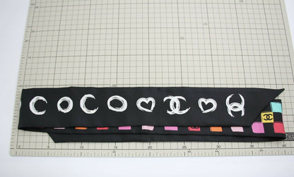 CHANEL 100% Silk Twilly Checkered Pattern CC Logo Scarf in Black and Multicolour