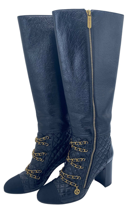 Chanel 2018 Black Gold Leather Quilted Chain High Heel Boots EU 39