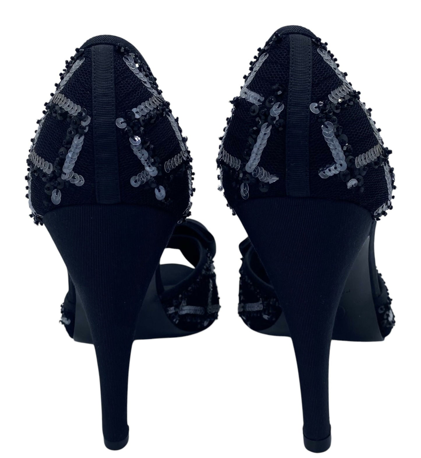 Chanel 09P Runway Black Sequin Bow CC Brooch Strap Heels Sandals EU 40