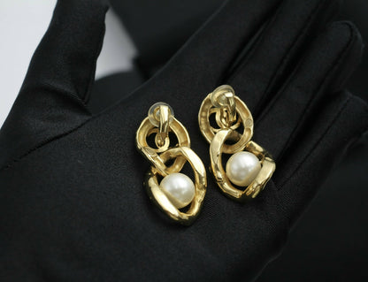 Chanel L20C Imitation Pearl Figure Eight Two-Buckle Lock Earrings