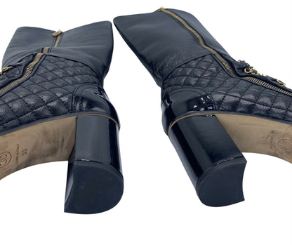 Chanel 2018 Black Gold Leather Quilted Chain High Heel Boots EU 39