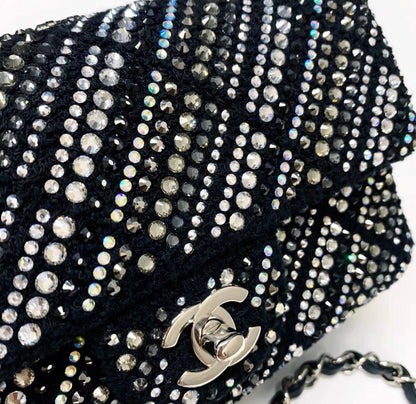 CHANEL 22A tweed, diamantés & silver metal black classic handbag