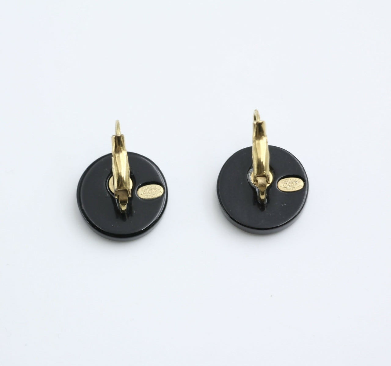 Chanel Vintage 03P Resin Black and White Camellia Button Hoop Earrings