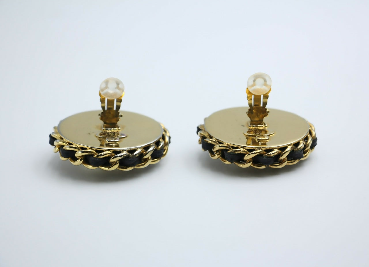 Chanel Vintage 1988 Leather Chain & Rhinestone Clip-on Round Earrings