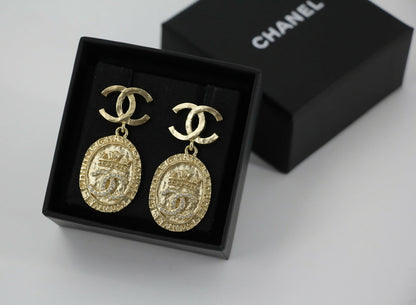Chanel F21A Rhinestone CC Crown Dangle Stud Earrings