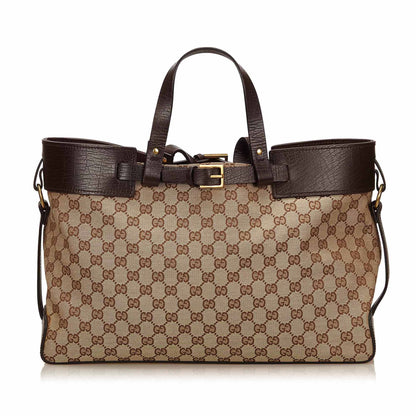 Gucci Monogram Canvas Double Buckle Tote Bag