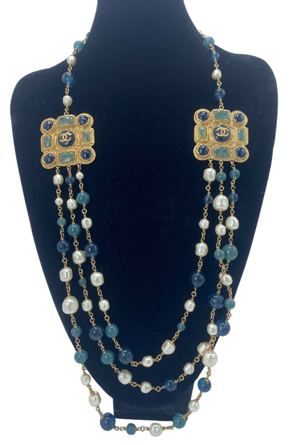 Chanel 11A Paris-Byzance 3 Strand Pearl Medallion Gold Green Blue Necklace/Belt