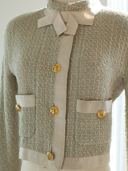 Chanel Vintage S/S1990 Seafood Green Cream Satin Bow Tweed Cropped Jacket