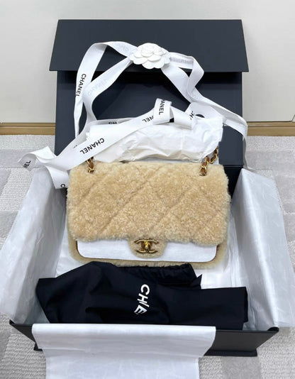 Chanel 24 FLAP BAG Shearling Lambskin & Gold-Tone Metal Beige & Brown