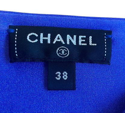 Chanel 21A Runway Royal Blue Sequin Logo Cropped Top Blouse FR 38