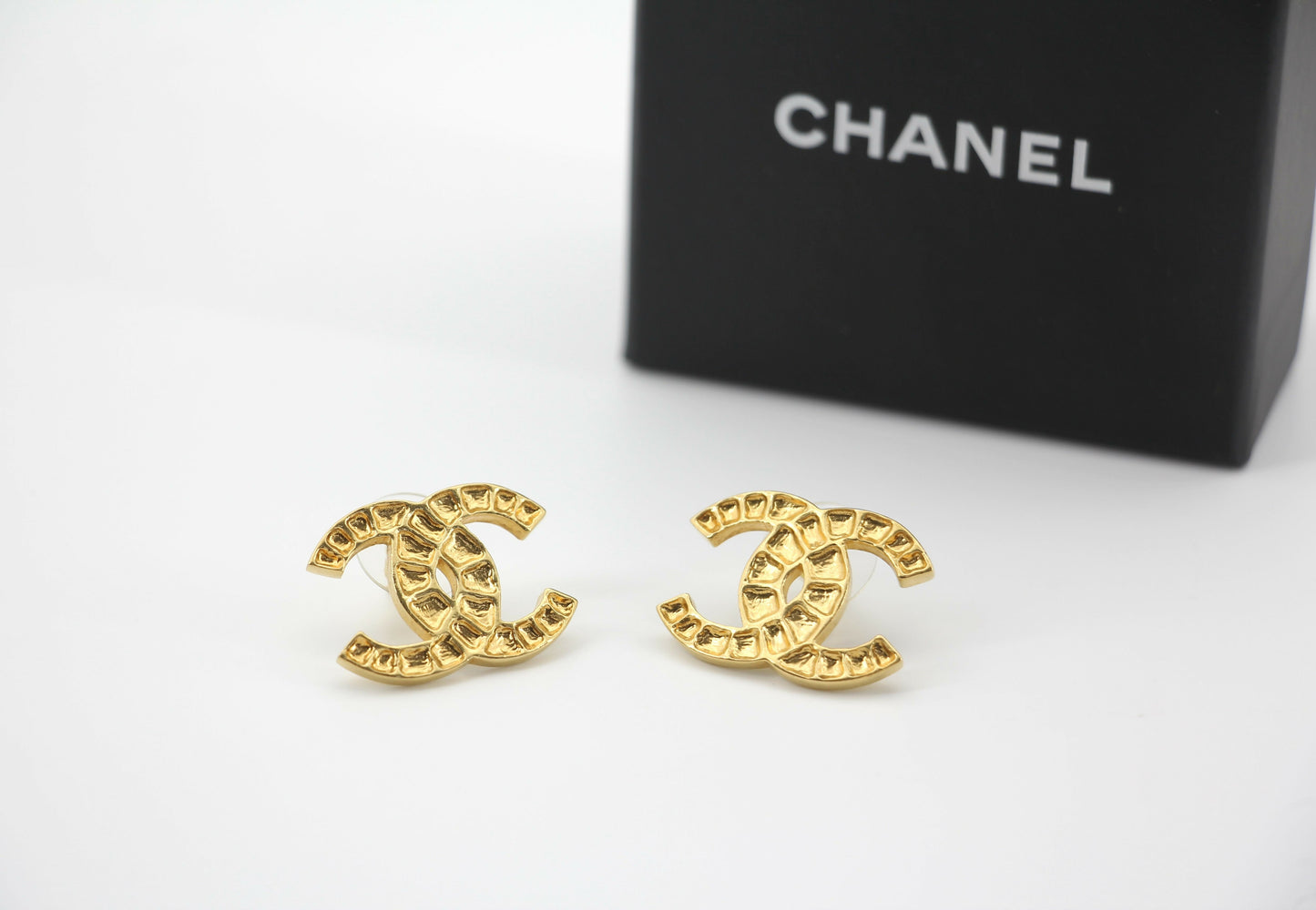 Chanel B19A Metal Square Embossed Gold CC Earrings