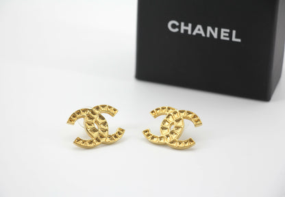 Chanel B19A Metal Square Embossed Gold CC Earrings