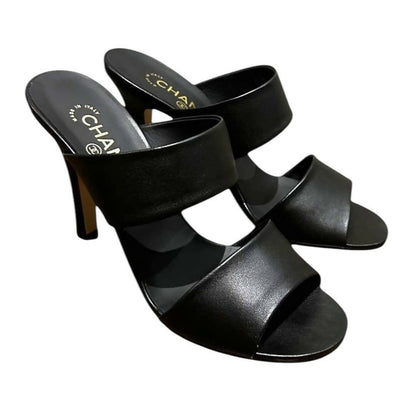 Chanel 17A Black Lambskin Leather Pearl Heel Sandal Mules EU 38.5C