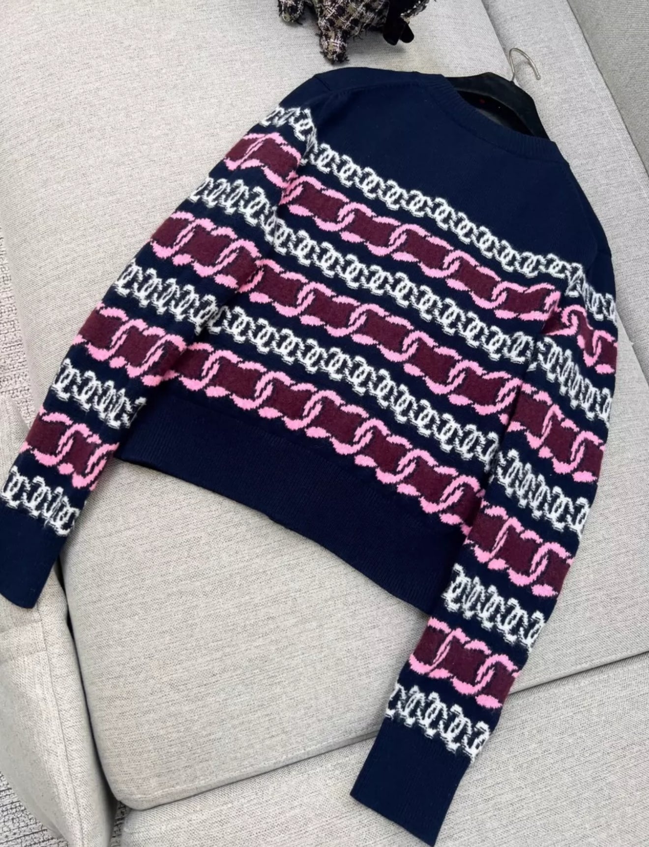 Chanel 23B navy blue, Burgundy, pink & white cardigan