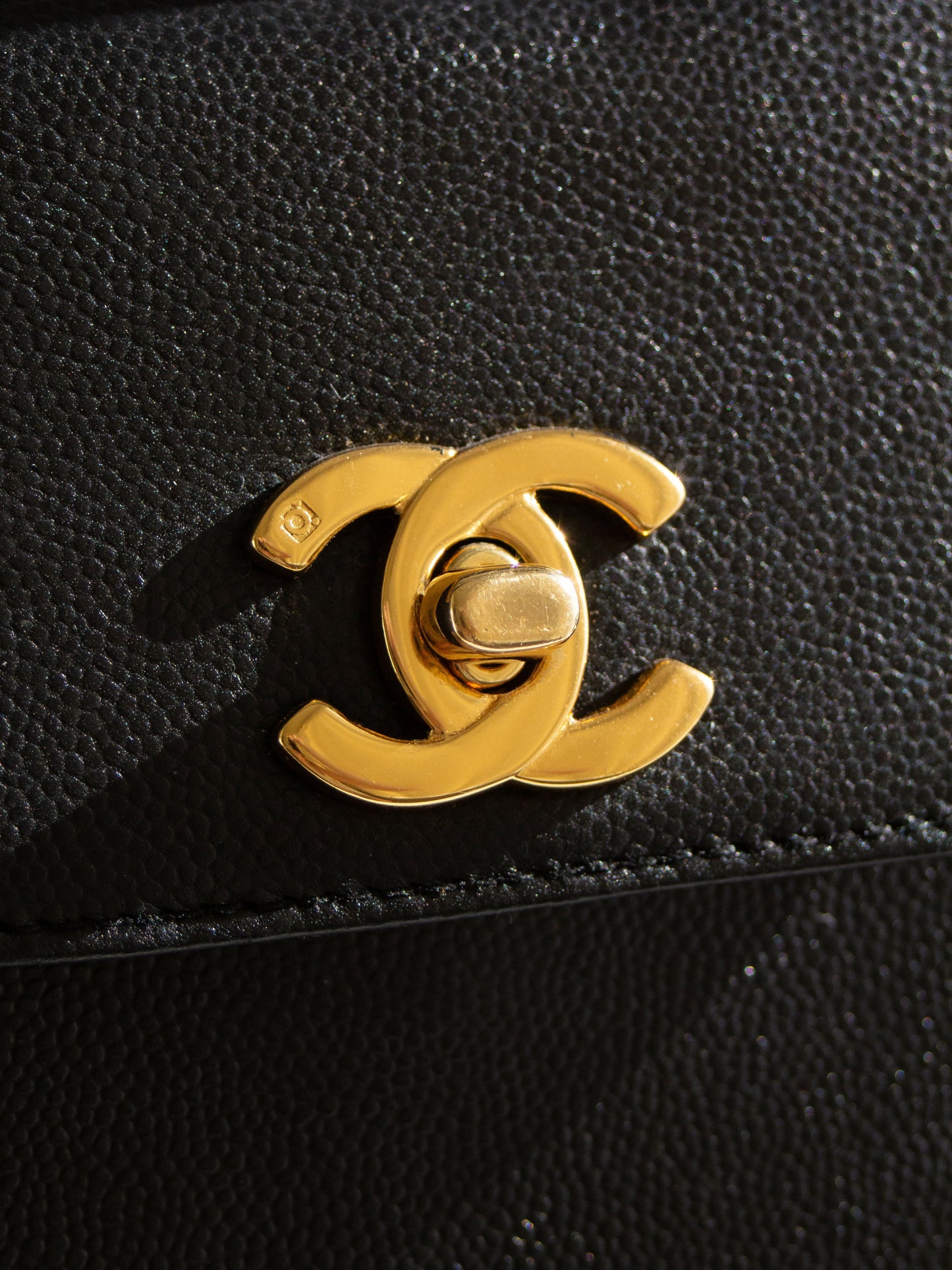 Chanel Vintage 1998 Kelly Black Caviar Leather 24K Gold Top Handle Bag