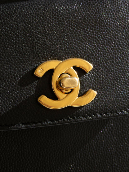 Chanel Vintage 1998 Kelly Black Caviar Leather 24K Gold Top Handle Bag