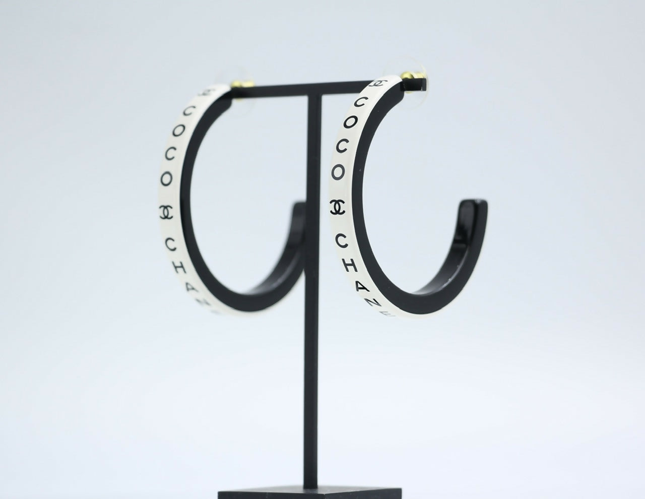 Chanel B22S Resin White Curved COCO Mark Hoop Stud Earrings