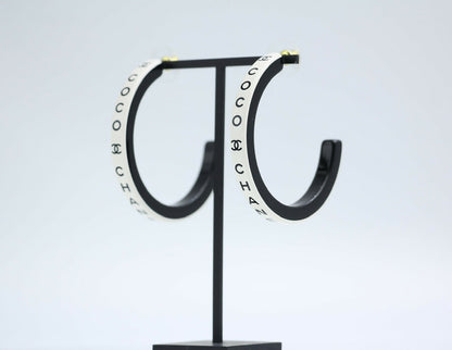 Chanel B22S Resin White Curved COCO Mark Hoop Stud Earrings