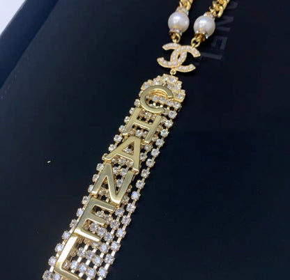 Chanel full diamond letter long pendant necklace