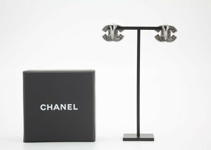 Chanel A24A Metal Black Silver Check CC Clip-on Earrings