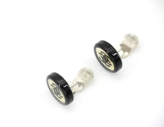 Chanel Vintage 01P Resin Black Hoop Mirror Clip-on Earrings