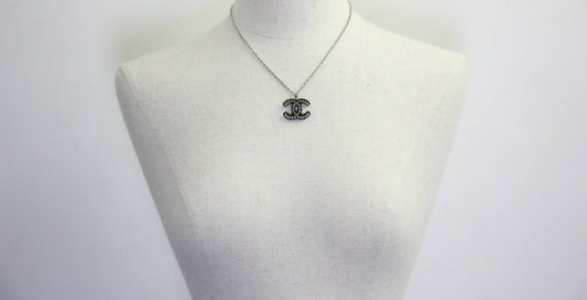 Chanel Vintage 05P Acrylic Transparent Rhinestone Black CC Double-Sided Necklace
