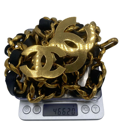 Iconic Vintage Chanel 93P Jumbo Gold Chain CC Logo Black Leather Belt Necklace
