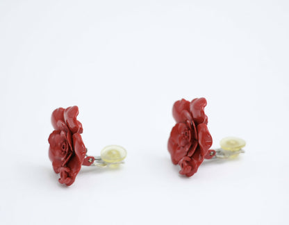 Chanel Vintage 04P Resin Red Layered Flower Clip-on Earrings