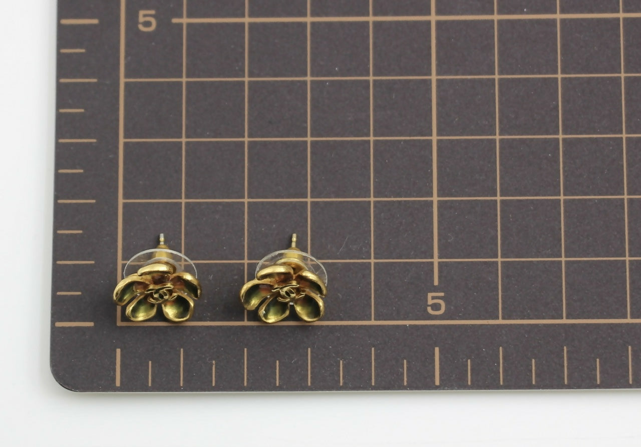 Chanel Vintage 03P Gold-plated Emerald Green and Red Flower Stud Earrings