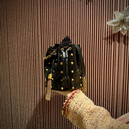 Saint Laurent Snakeskin Studded Anja Bucket Bag