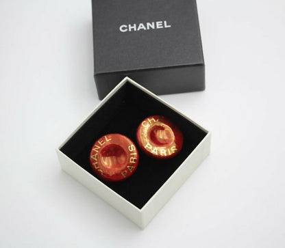 Chanel Vintage 97P Resin Big Red ‘CHANEL’ Round Gold-plated Clip-on Earrings