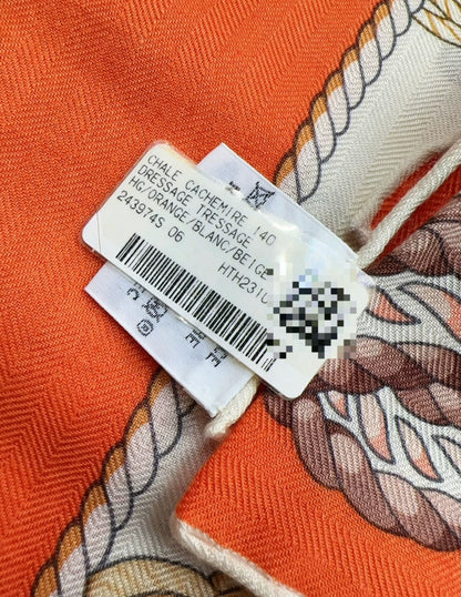 Hermes Scarf Cashmere 140 “Dressage Tressage” Orange/White/Beige