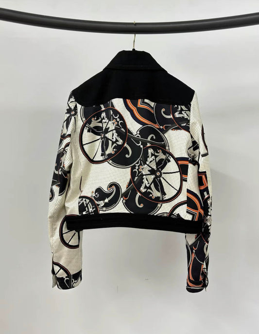 Hermes Black & White "Outdoor" Printed Silk Short Jacket size 36