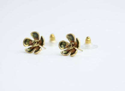 Chanel Vintage 03P Gold-plated Emerald Green and Red Flower Stud Earrings