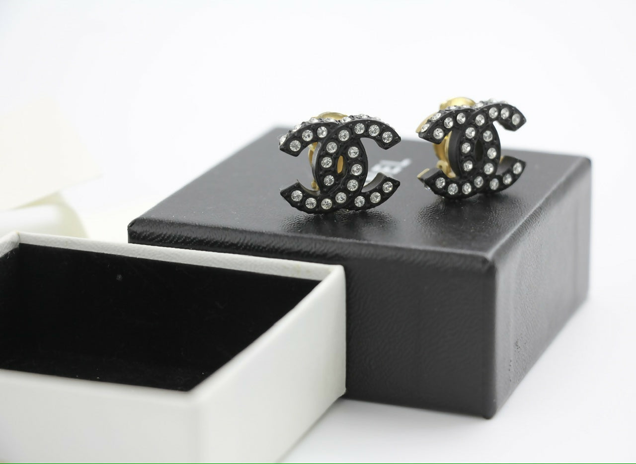 Chanel Vintage 02A Rhinestone Black CC Logo Clip-on Earrings