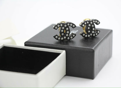 Chanel Vintage 02A Rhinestone Black CC Logo Clip-on Earrings