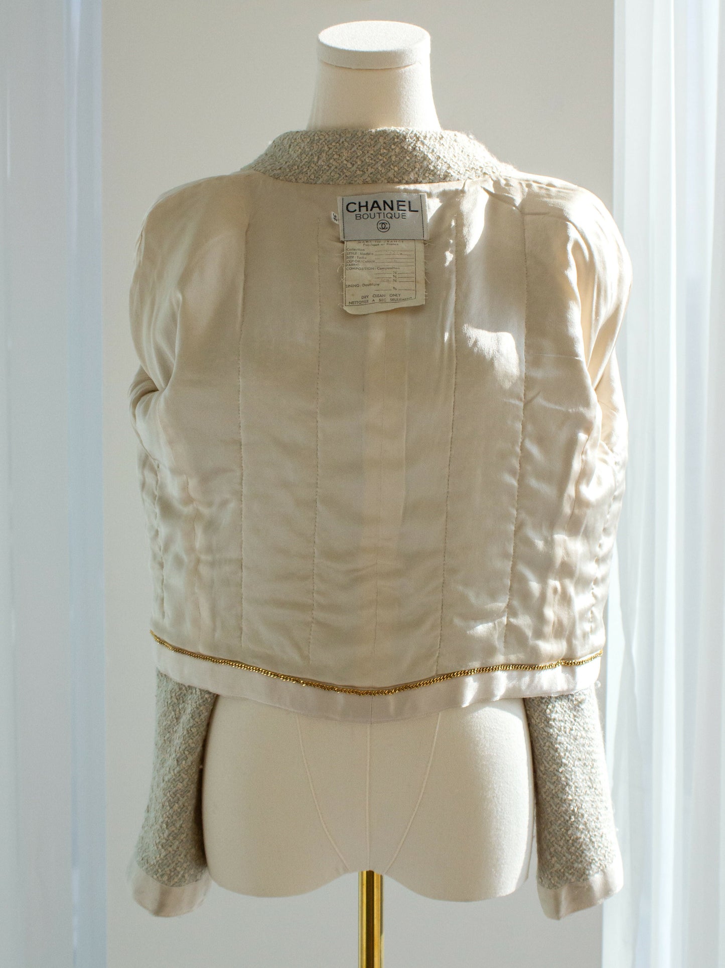Chanel Vintage S/S1990 Seafood Green Cream Satin Bow Tweed Cropped Jacket
