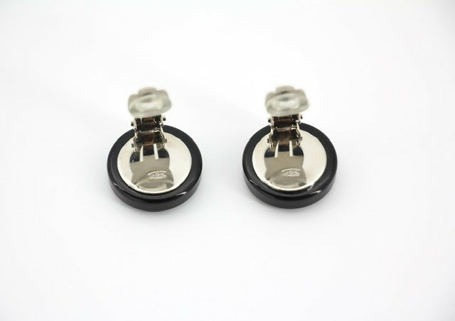 Chanel Vintage 01P Resin Black Hoop Mirror Clip-on Earrings