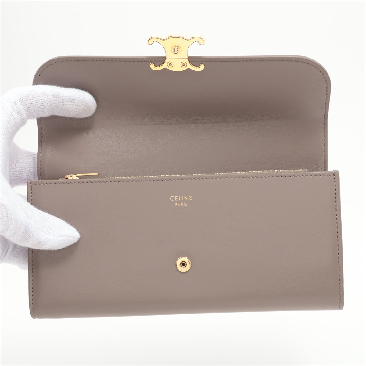 CELINE Triomphe Leather Large Long Wallet Taupe
