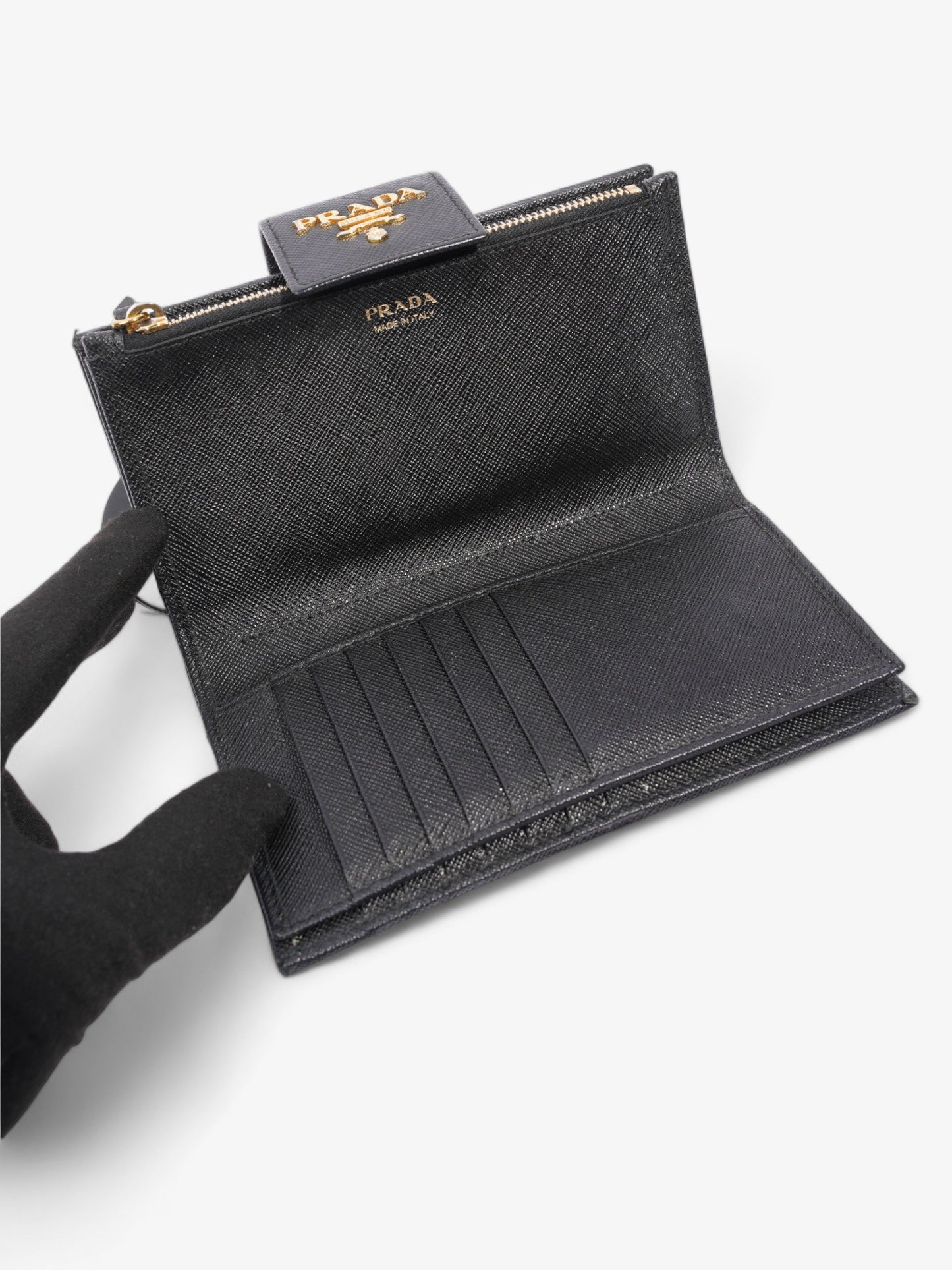 Prada Logo Buckle Wallet Black Saffiano Leather Medium